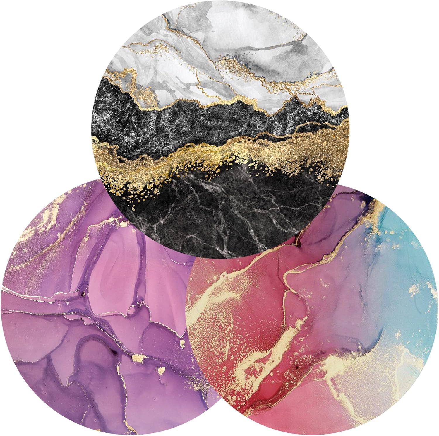 Mouse Pad, Cute Circular Mousepad with Design, Beautiful Parttern Mouse Pads with Stitched Edge, 7.9X7.9 Inch Small Mouse Mat for Laptop and Computer(B-3 Pack Marble Design-D)